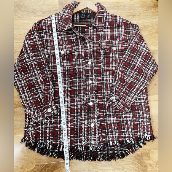 Forever21 Plaid Check Shacket Oversize Shirt Tweed Red Jacket Boucle Fray Fringe - Picture 9 of 10